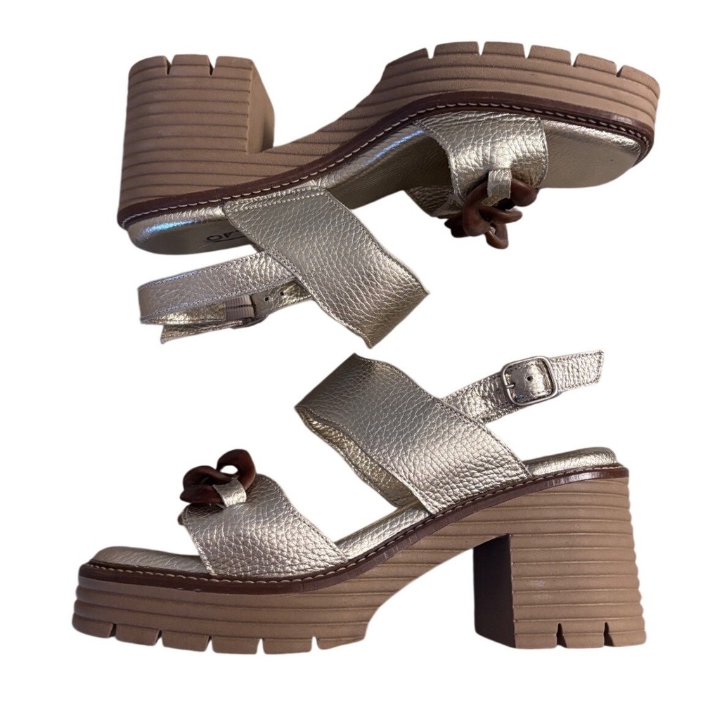 Softwaves Metallic Gold Leather Platform Birdie Sandals Chain Link Block Heel 37
